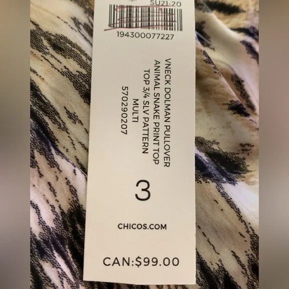 Chicos Brand new with tags v neck Dolman sleeve Animal /Snake 3  XL $99.00 silky - Picture 3 of 7